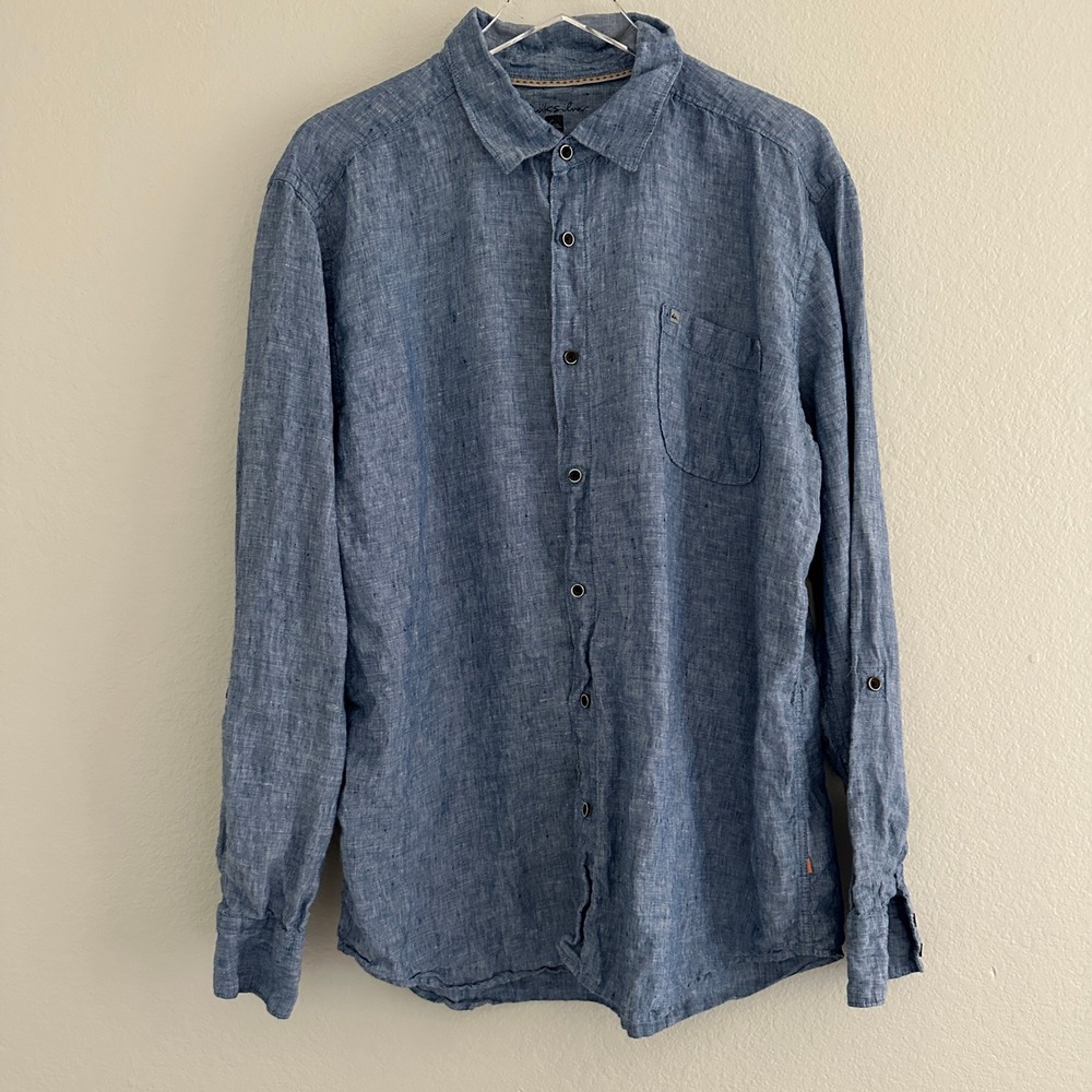 Quiksilver Button Up Shirt Mens XL Blue 100% Linen Long Sleeve Coastal Casual